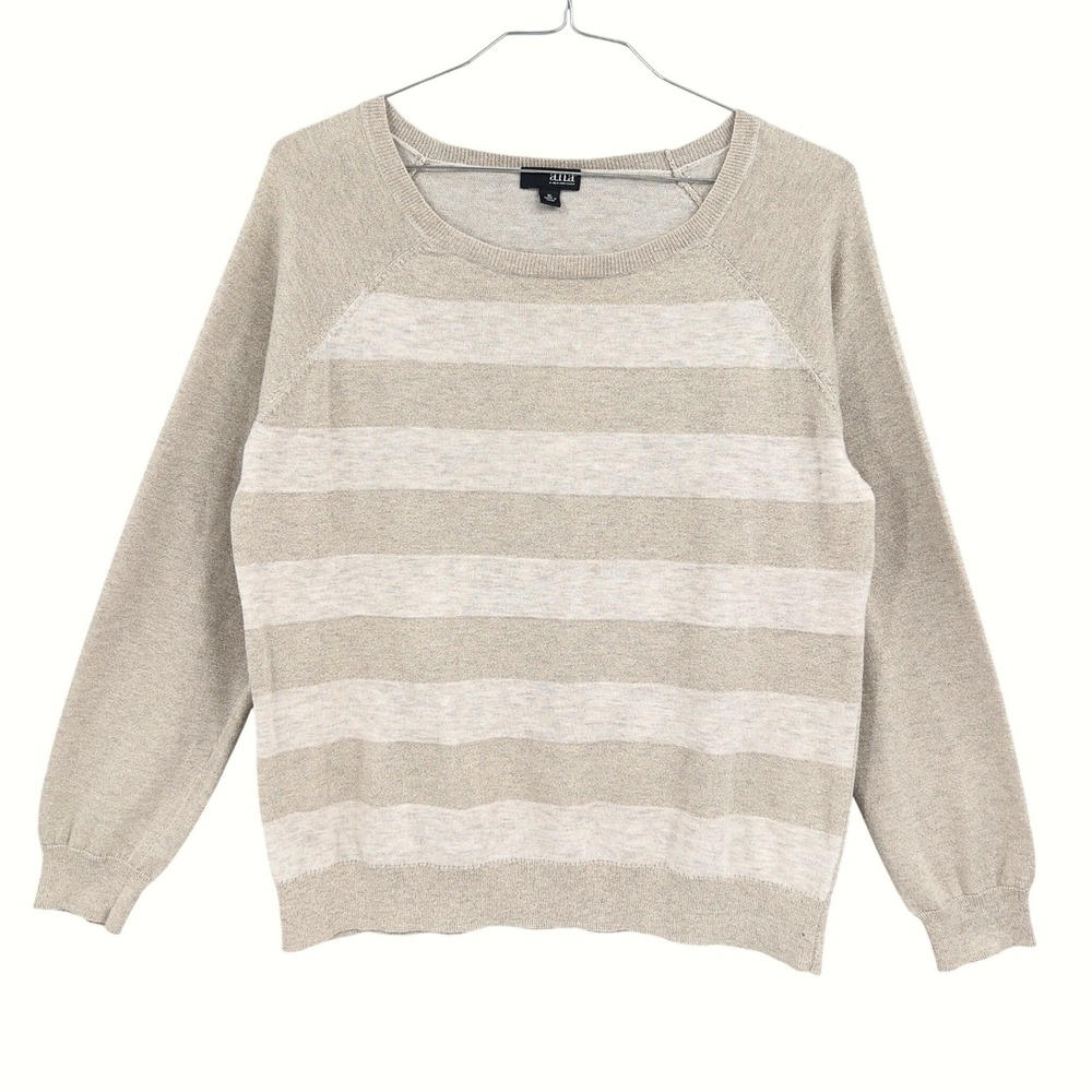 a.n.a Womens XL Sweater Beige Striped Metallic Shimmer Raglan Scoop Neck